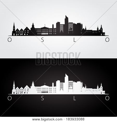 Oslo skyline and landmarks silhouette black and white design vector illustration.
