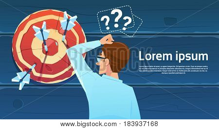 Confused Business Man Standing Back Looking At Target Aim Question Mark Think Problem Solution Flat Vector Illustration