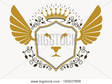 Vector retro heraldic template created using eagle wings and made using vintage elements like royal crown and wild lion illustration