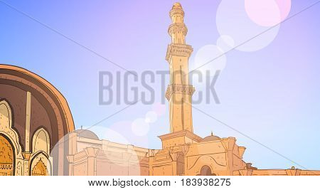Nabawi Mosque Building Muslim Religion Ramadan Kareem Holy Month Vector Illustration