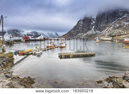 Typical Norwegian Harbour Seascape View at Toppoya and Hamnoy Islands of Lofoten.Horizontal Image