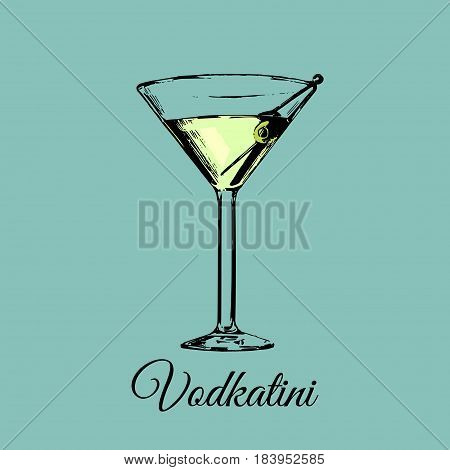 Vodkatini glass sign. Vector alcoholic beverage color illustration. Hand drawn sketch of traditional cocktail with olive. Restaurant, bar, cafe menu design. Party icon.