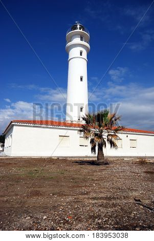 View of the whitewashed lighthouse Torrox Costa Malaga Province Andalusia Spain Western Europe.