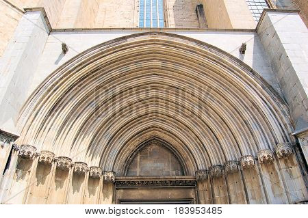 Geomatrical church portal in old sand stone