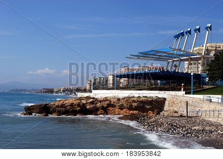 TORROX COSTA, SPAIN - OCTOBER 27, 2008 - Panoramic viewing platform in a boat design with archaeological ruins below Torrox Costa Malaga Province Andalusia Spain Western Europe, October 27, 2008.