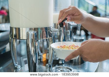 Milk for drink in lunch buffet in hotal Food and healthy concept