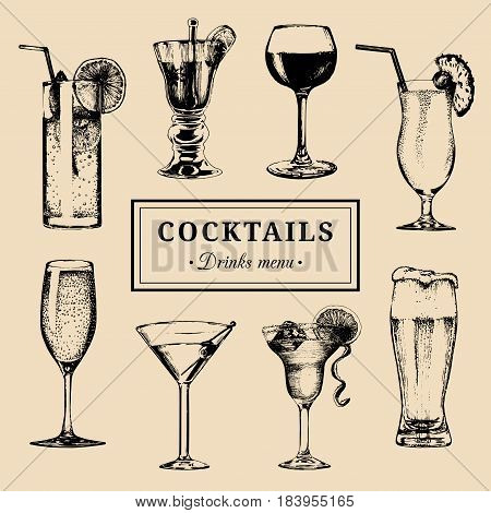 Cocktails menu. Hand sketched alcoholic beverages glasses. Vector set of drinks illustrations, beer, pina colada, margarita, red wine, mojito, vodkatini, champagne etc isolated.