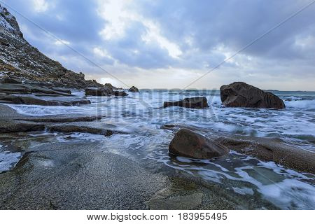 Travel Concepts and Ideas. Beautiful Stony Haukland Utaklev Beach at Lofoten Islands ub Norway.Hoizontal Image