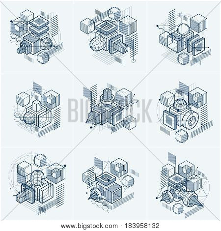 Abstract Backgrounds With Isometric Lines, Vector Illustrations. Templates Made With Cubes, Hexagons