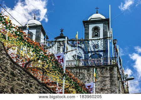 Madeira, Portugal - April 4, 2017: Church Nossa Senhora do Monte and flower decorations Madeira island Portugal
