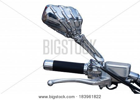 custom motorcycle handlebar and chrome mirror shaped like the bones of a hand isolated in white background
