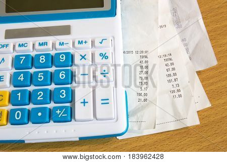 Close Up Of Receipt Paper And Caculator, Payment