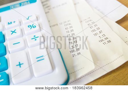 Close Up Of Receipt Paper And Caculator, Payment