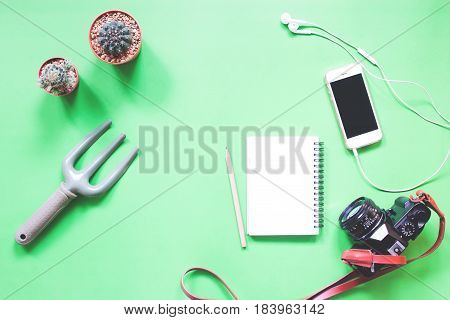 Flat lay of greeney with cactus smartphone notebook and camera