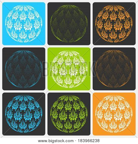 Abstract web orb Icons and stylized japan lotus flower globe vector logo. Set of color sphere