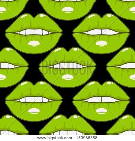 Vector seamless pattern orange cute lips sexy female. Color lips on black background. St.Valentine card