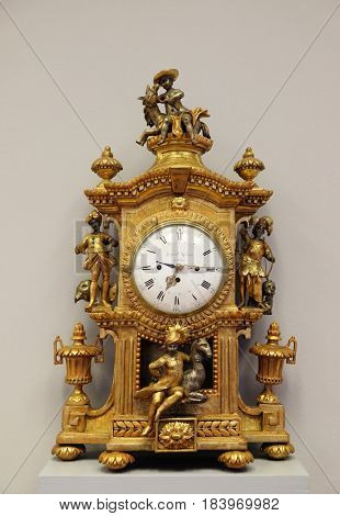 ZAGREB, CROATIA - FEBRUARY 17: 18th century clock, exhibited in Museum of Arts and Crafts, Zagreb, on February 17, 2015.