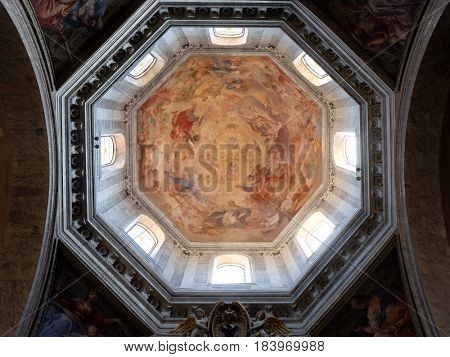 ROME, ITALY - SEPTEMBER 02: The fresco Our Lady in Glory by Raffaele Vanni in cupola of Church of Santa Maria del Popolo, Rome, Italy on September 02, 2016.