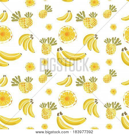 Pattern of bananas and pineapples on white background
