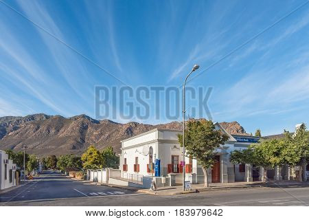 MONTAGU SOUTH AFRICA - MARCH 26 2017: A street scene with an historic bank building in Montagu a town in the Western Cape Province