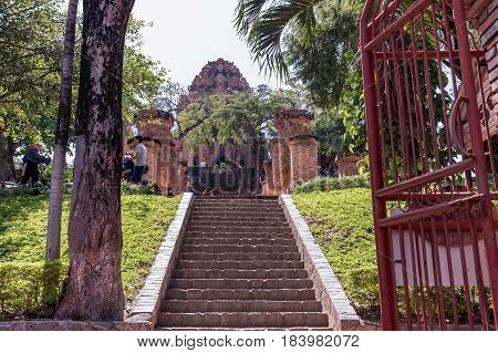 Entrance gate to Po Nagar in Nha Trang Vietnam. A view of the Po Nagar Cham Towers.