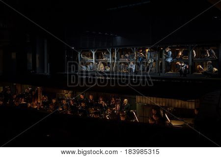 MOSCOW - JAN 25, 2017: Prisoners on stage and orchestra pit at Passenger performance in Moscow Theater New Opera