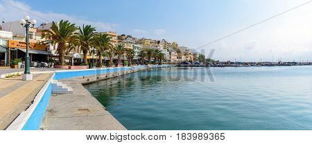 SITIA, CRETE, GREECE - JUNE 2016: Beautiful promenade in center of Sitia town on Crete island, Greece