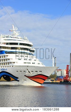Velsen the Netherlands -April 19th 2017: Aida Sol on North Sea Canal on it's way to the Amsterdam Cruise Terminal