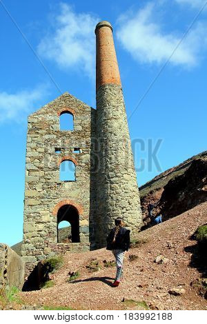 Cornwall, Uk - April 2 2017: Children Explore The Ruins Of An Old Disused Cornish Tin Mine With Ston