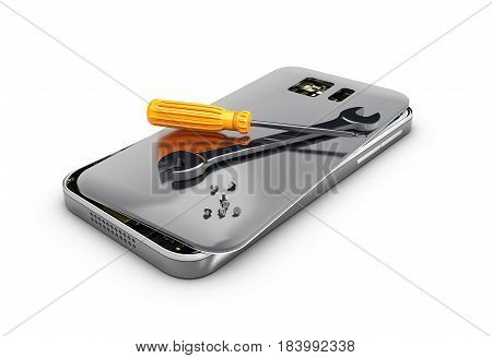 3D illustration Mobile phone repair. Broken mobile phone with screwdriver and spanner.