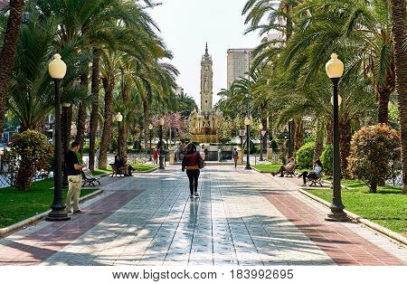 Alicante Spain- People walking along the Avenue Federico Soto in Alicante Costa Blanca. Spain