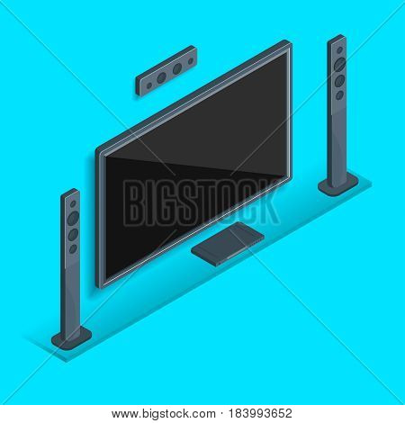 Large home theater with stereo speakers on a blue background