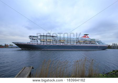 Velsen The Netherlands - April 27th 2017: Balmoral Fred Olsen Cruise Lines in North Sea Canal towards IJmuiden sealock