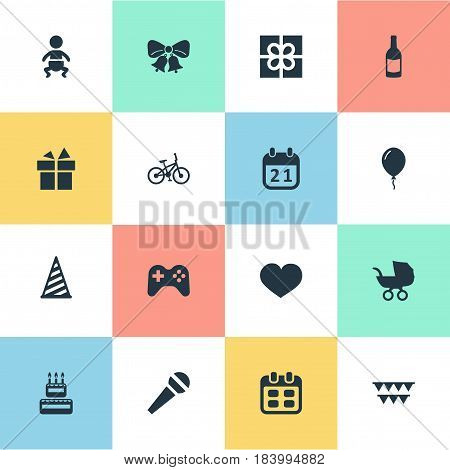 Vector Illustration Set Of Simple Birthday Icons. Elements Box, Aerostat, Beverage And Other Synonyms Party, Cap And Feelings.