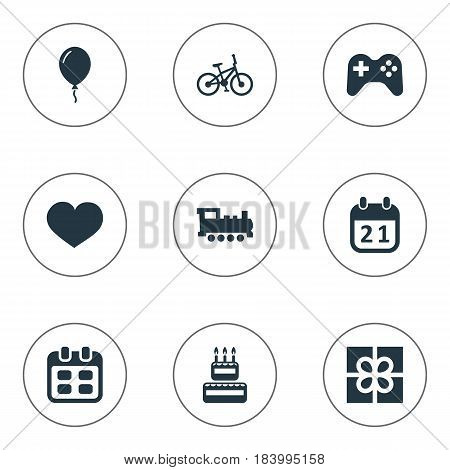 Vector Illustration Set Of Simple Holiday Icons. Elements Aerostat, Special Day, Bicycle And Other Synonyms Train, Game And Balloon.