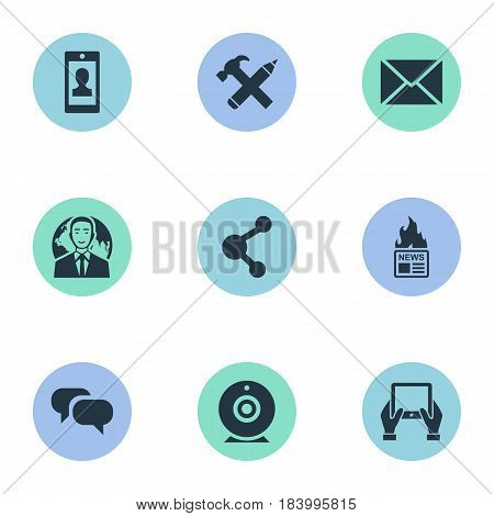 Vector Illustration Set Of Simple Blogging Icons. Elements Share, Profile, Notepad And Other Synonyms Camera, Repair And Missive.
