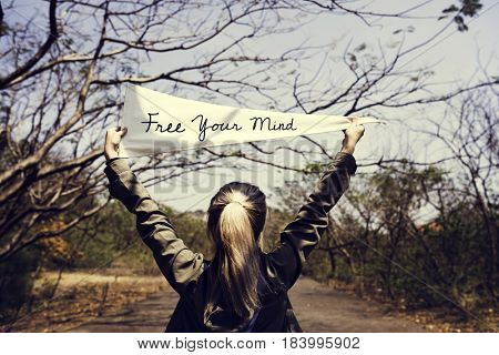 Young Woman Hands Holding Sign Said Free Your Mind