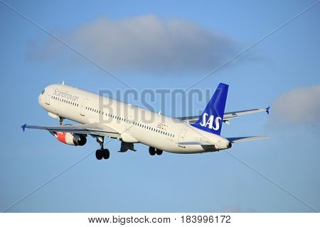 Amsterdam the Netherlands - April 7th 2017: OY-KBL SAS Scandinavian Airlines Airbus A321 takeoff from Polderbaan runway Amsterdam Airport Schiphol