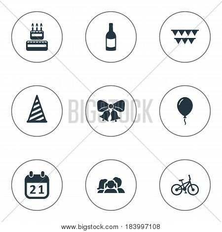Vector Illustration Set Of Simple Birthday Icons. Elements Bicycle, Aerostat, Domestic And Other Synonyms Balloon, Hat And Party.
