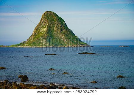 Seascape, Sea Coast And Island Bleiksoya In The Distance, Resort Bleik Andoya Norway. Vesteralen Arc