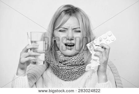 Woman Sick Person Hold Glass Water And Tablets Blister. Take Pills Relieve Fever. Drink Plenty Of Fl