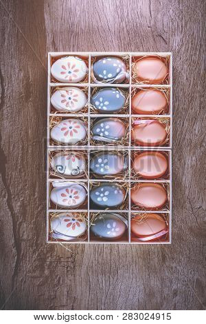 Easter Eggs Hand Painted Inside A Gift Box, Photo For Advertising Use.