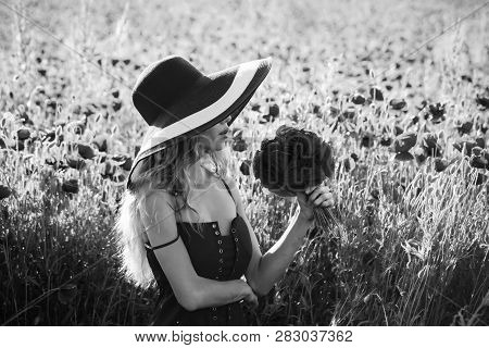 Pretty Girl With Long Curly Hair In Red Dress And Retro Hat Hold Flower Bouquet In Field Of Poppy Se