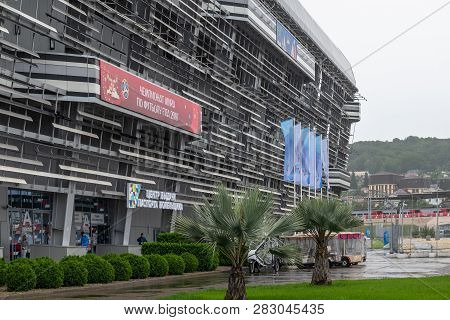 Sochi, Russia - May 30. 2018. General View Of Main Tribune Of Autodrome. Fan Passport Issuance Cente