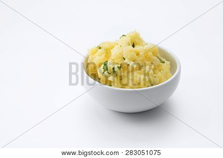 Close Up View Of Fresh Mashed Potatoes  On White Background