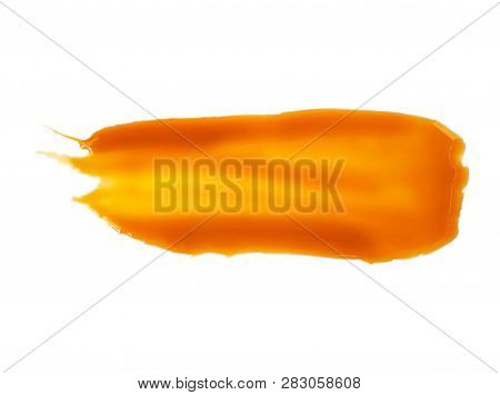 Caramel Spotted Sauce Isolated On White Background. Flowing Toffee Drop,  Top View