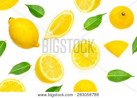 Lemon Pattern. Lemon Fruits  And Slices With Leaf Isolated On White Background. Flat Lay, Top View