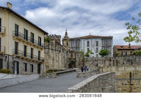 Hondarribia, Guipúzcoa, Spain, August 2013: Historical Castle Style Stone Made Ancient Entrance To T