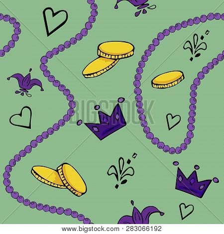 Seamless Pattern With Beads, Masks And Other Attributes In The Colors Of The Mardi Gras Festival