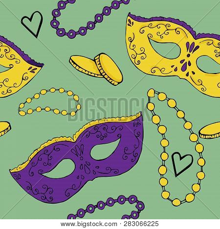 Seamless Pattern With Beads, Masks And Other Attributes In The Colors Of The Mardi Gras Festival